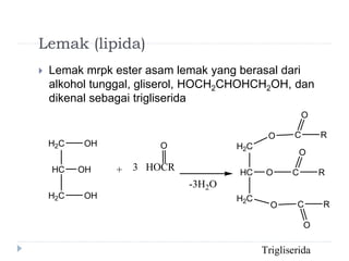 Lemak (lipida)
 Lemak mrpk ester asam lemak yang berasal dari
alkohol tunggal, gliserol, HOCH2CHOHCH2OH, dan
dikenal sebagai trigliserida
H2C
HC
H2C
OH
OH
OH
+ 3 HOCR
-3H2O
H2C
HC
H2C
O
O
O
C
C
C
O
O
O
R
R
R
Trigliserida
O
 