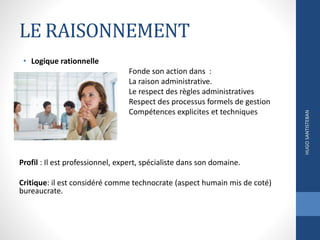 LE RAISONNEMENT
• Logique rationnelle
Fonde son action dans :
La raison administrative.
Le respect des règles administratives
Respect des processus formels de gestion
Compétences explicites et techniques
Profil : Il est professionnel, expert, spécialiste dans son domaine.
Critique: il est considéré comme technocrate (aspect humain mis de coté)
bureaucrate.
HUGOSANTISTEBAN
 