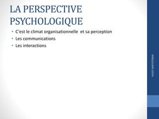 LA PERSPECTIVE
PSYCHOLOGIQUE
• C’est le climat organisationnelle et sa perception
• Les communications
• Les interactions
HUGOSANTISTEBAN
 