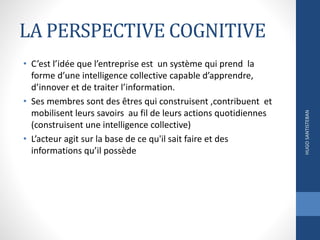 LA PERSPECTIVE COGNITIVE
• C’est l’idée que l’entreprise est un système qui prend la
forme d’une intelligence collective capable d’apprendre,
d’innover et de traiter l’information.
• Ses membres sont des êtres qui construisent ,contribuent et
mobilisent leurs savoirs au fil de leurs actions quotidiennes
(construisent une intelligence collective)
• L’acteur agit sur la base de ce qu'il sait faire et des
informations qu’il possède
HUGOSANTISTEBAN
 