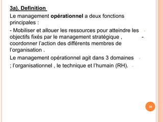 3a). Definition
Le management opérationnel a deux fonctions
principales :
-
- Mobiliser et allouer les ressources pour atteindre les
objectifs fixés par le management stratégique , -
coordonner l’action des différents membres de
l’organisation .
-
Le management opérationnel agit dans 3 domaines
-
; l’organisationnel , le technique et l’humain (RH).
20
 