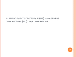 III- MANAGEMENT STRATEGIQUE (MS) MANAGEMENT
OPERATIONNEL (MO) : LES DIFFERENCES
23
 