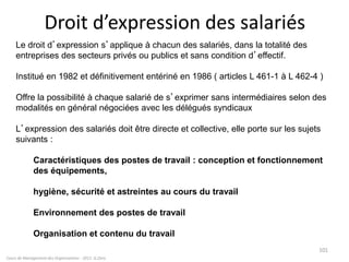 Cours de Management des Organisations - 2011- G.Zara
101
Le droit d’expression s’applique à chacun des salariés, dans la totalité des
entreprises des secteurs privés ou publics et sans condition d’effectif.
Institué en 1982 et définitivement entériné en 1986 ( articles L 461-1 à L 462-4 )
Offre la possibilité à chaque salarié de s’exprimer sans intermédiaires selon des
modalités en général négociées avec les délégués syndicaux
L’expression des salariés doit être directe et collective, elle porte sur les sujets
suivants :
Caractéristiques des postes de travail : conception et fonctionnement
des équipements,
hygiène, sécurité et astreintes au cours du travail
Environnement des postes de travail
Organisation et contenu du travail
Droit d’expression des salariés
 