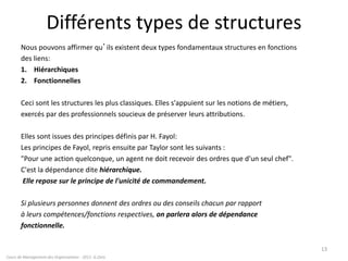 Différents types de structures
Nous pouvons affirmer qu’ils existent deux types fondamentaux structures en fonctions
des liens:
1. Hiérarchiques
2. Fonctionnelles
Ceci sont les structures les plus classiques. Elles s'appuient sur les notions de métiers,
exercés par des professionnels soucieux de préserver leurs attributions.
Elles sont issues des principes définis par H. Fayol:
Les principes de Fayol, repris ensuite par Taylor sont les suivants :
"Pour une action quelconque, un agent ne doit recevoir des ordres que d'un seul chef".
C'est la dépendance dite hiérarchique.
Elle repose sur le principe de l'unicité de commandement.
Si plusieurs personnes donnent des ordres ou des conseils chacun par rapport
à leurs compétences/fonctions respectives, on parlera alors de dépendance
fonctionnelle.
Cours de Management des Organisations - 2011- G.Zara
13
 