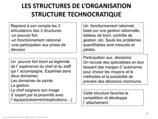 LES STRUCTURES DE L’ORGANISATION
STRUCTURE TECHNOCRATIQUE
Cours de Management des Organisations - 2011- G.Zara
18
Reprend à son compte les 3
articulations des 3 structures:
-un pouvoir fort
-un fonctionnement rationnel
-une participation aux prises de
décision
Un pouvoir fort tirant sa légitimité
de l’expérience du chef et du staff
qui l’accompagne. Expertise dans
deux domaines:
Les domaines de pointe
La gestion
Le chef soignera son image
d’expert par la proximité avec
l’équipe(tutoiement/explications…)
Un fonctionnement rationnel:
basé sur une gestion rationnelle,
tableau de bord, contrôle de
gestion, etc. Seuls les problèmes
quantifiables sont mesurés et
pilotés.
Participation aux décisions:
On recrute des spécialistes en leur
laissant des marges d’autonomie
pour choisir les moyens et le
méthodes et la possibilité de
prendre des décisions minimums.
Cette structure favorise la
compétition et développe
l’attachement.
 