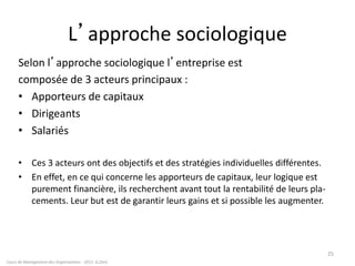 L’approche sociologique
Selon l’approche sociologique l’entreprise est
composée de 3 acteurs principaux :
• Apporteurs de capitaux
• Dirigeants
• Salariés
• Ces 3 acteurs ont des objectifs et des stratégies individuelles différentes.
• En effet, en ce qui concerne les apporteurs de capitaux, leur logique est
purement financière, ils recherchent avant tout la rentabilité de leurs pla-
cements. Leur but est de garantir leurs gains et si possible les augmenter.
Cours de Management des Organisations - 2011- G.Zara
25
 