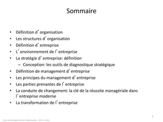 Sommaire
• Définition d’organisation
• Les structures d’organisation
• Définition d’entreprise
• L’environnement de l’entreprise
• La stratégie d’entreprise: définition
– Conception: les outils de diagnostique stratégique
• Définition de management d’entreprise
• Les principes du management d’entreprise
• Les parties prenantes de l’entreprise
• La conduite de changement: la clé de la réussite managériale dans
l’entreprise moderne
• La transformation de l’entreprise
3
Cours de Management des Organisations - 2011- G.Zara
 