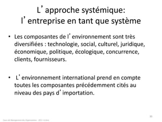 L’approche systémique:
l’entreprise en tant que système
• Les composantes de l’environnement sont très
diversifiées : technologie, social, culturel, juridique,
économique, politique, écologique, concurrence,
clients, fournisseurs.
• L’environnement international prend en compte
toutes les composantes précédemment cités au
niveau des pays d’importation.
Cours de Management des Organisations - 2011- G.Zara
30
 