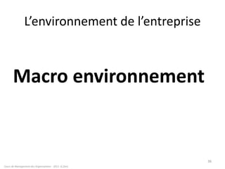 L’environnement de l’entreprise
Macro environnement
Cours de Management des Organisations - 2011- G.Zara
36
 