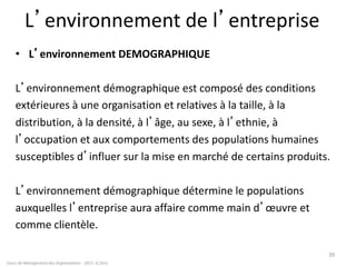 L’environnement de l’entreprise
• L’environnement DEMOGRAPHIQUE
L’environnement démographique est composé des conditions
extérieures à une organisation et relatives à la taille, à la
distribution, à la densité, à l’âge, au sexe, à l’ethnie, à
l’occupation et aux comportements des populations humaines
susceptibles d’influer sur la mise en marché de certains produits.
L’environnement démographique détermine le populations
auxquelles l’entreprise aura affaire comme main d’œuvre et
comme clientèle.
Cours de Management des Organisations - 2011- G.Zara
39
 