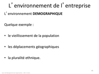 L’environnement de l’entreprise
L’environnement DEMOGRAPHIQUE
Quelque exemple :
• le vieillissement de la population
• les déplacements géographiques
• la pluralité ethnique.
Cours de Management des Organisations - 2011- G.Zara
40
 