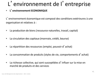 L’environnement de l’entreprise
• L’environnement ECONOMIQUE
L’environnement économique est composé des conditions extérieures à une
organisation et relatives à :
• La production de biens (ressource naturelles, travail, capital)
• La circulation des capitaux (monnaie, crédit, bourse)
• La répartition des ressources (emploi, pouvoir d’achat)
• La consommation de produits (styles de vie, comportements d’achat)
• La richesse collective, qui sont susceptibles d’influer sur la mise en
marché de produits et des services
Cours de Management des Organisations - 2011- G.Zara
41
 