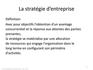La stratégie d’entreprise
Définition:
Avec pour objectifs l'obtention d'un avantage
concurrentiel et la réponse aux attentes des parties
prenantes,
la stratégie se matérialise par une allocation
de ressources qui engage l'organisation dans le
long terme en configurant son périmètre
d'activités.
Cours de Management des Organisations - 2011- G.Zara
51
 