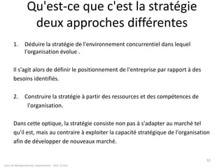 Qu'est-ce que c'est la stratégie
deux approches différentes
1. Déduire la stratégie de l'environnement concurrentiel dans lequel
l'organisation évolue .
Il s'agit alors de définir le positionnement de l'entreprise par rapport à des
besoins identifiés.
2. Construire la stratégie à partir des ressources et des compétences de
l'organisation.
Dans cette optique, la stratégie consiste non pas à s'adapter au marché tel
qu'il est, mais au contraire à exploiter la capacité stratégique de l'organisation
afin de développer de nouveaux marché.
Cours de Management des Organisations - 2011- G.Zara
52
 