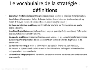 Le vocabulaire de la stratégie :
définitions
• Les valeurs fondamentales sont les principes qui sous-tendent la stratégie de l'organisation.
• La mission est l'expression du but de l'organisation, de son intention fondamentale, de sa
raison d‘être, en réponse à une question : « A quoi servons-nous ? »
• La vision ou intention stratégique est l‘état futur souhaité par l'organisation, ce qu'elle
aspire à devenir.
• Les objectifs stratégiques sont plus précis et souvent quantitatifs. Ils constituent l'affirmation
des résultats qui doivent être atteints.
• La capacité stratégique repose sur les ressources uniques et les compétences fondamentales
qui distinguent l'organisation de ses concurrents en termes d'activité, d'aptitudes et de
savoir-faire.
• Le modèle économique décrit la combinaison de facteurs financiers, commerciaux,
techniques et opérationnels qui sous-tend le fonctionnement de l'organisation et la valeur
crée par celle-ci pour ses clients.
• Le contrôle stratégique permet de vérifier dans quelle mesure les réalisations correspondent
aux objectifs.
Cours de Management des Organisations - 2011- G.Zara
53
 