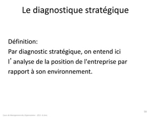 Le diagnostique stratégique
Définition:
Par diagnostic stratégique, on entend ici
l’analyse de la position de l'entreprise par
rapport à son environnement.
Cours de Management des Organisations - 2011- G.Zara
59
 