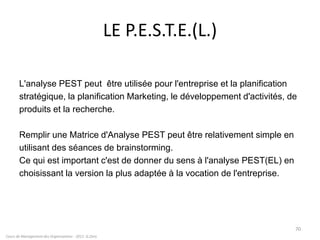 LE P.E.S.T.E.(L.)
L'analyse PEST peut être utilisée pour l'entreprise et la planification
stratégique, la planification Marketing, le développement d'activités, de
produits et la recherche.
Remplir une Matrice d'Analyse PEST peut être relativement simple en
utilisant des séances de brainstorming.
Ce qui est important c'est de donner du sens à l'analyse PEST(EL) en
choisissant la version la plus adaptée à la vocation de l'entreprise.
Cours de Management des Organisations - 2011- G.Zara
70
 