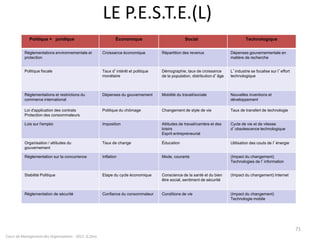 LE P.E.S.T.E.(L)
Cours de Management des Organisations - 2011- G.Zara
71
Politique + juridique Économique Social Technologique
Réglementations environnementale et
protection
Croissance économique Répartition des revenus Dépenses gouvernementale en
matière de recherche
Politique fiscale Taux d’intérêt et politique
monétaire
Démographie, taux de croissance
de la population, distribution d’âge
L’industrie se focalise sur l’effort
technologique
Réglementations et restrictions du
commerce international
Dépenses du gouvernement Mobilité du travail/sociale Nouvelles inventions et
développement
Loi d'application des contrats
Protection des consommateurs
Politique du chômage Changement de style de vie Taux de transfert de technologie
Lois sur l'emploi Imposition Attitudes de travail/carrière et des
loisirs
Esprit entrepreneurial
Cycle de vie et de vitesse
d’obsolescence technologique
Organisation / attitudes du
gouvernement
Taux de change Éducation Utilisation des couts de l’énergie
Réglementation sur la concurrence Inflation Mode, courants (Impact du changement)
Technologies de l’information
Stabilité Politique Etape du cycle économique Conscience de la santé et du bien
être social, sentiment de sécurité
(Impact du changement) Internet
Réglementation de sécurité Confiance du consommateur Conditions de vie (Impact du changement)
Technologie mobile
 