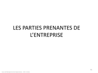 LES PARTIES PRENANTES DE
L’ENTREPRISE
Cours de Management des Organisations - 2011- G.Zara
81
 