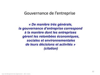 Cours de Management des Organisations - 2011- G.Zara
82
Gouvernance de l’entreprise
« De manière très générale,
la gouvernance d’entreprise correspond
à la manière dont les entreprises
gèrent les retombées économiques,
sociales et environnementales
de leurs décisions et activités »
(citation)
 