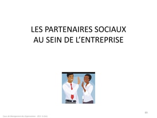 Cours de Management des Organisations - 2011- G.Zara
89
LES PARTENAIRES SOCIAUX
AU SEIN DE L’ENTREPRISE
 