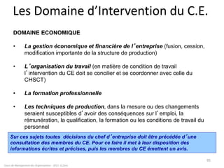 Cours de Management des Organisations - 2011- G.Zara
95
Les Domaine d’Intervention du C.E.
DOMAINE ECONOMIQUE
• La gestion économique et financière de l’entreprise (fusion, cession,
modification importante de la structure de production)
• L’organisation du travail (en matière de condition de travail
l’intervention du CE doit se concilier et se coordonner avec celle du
CHSCT)
• La formation professionnelle
• Les techniques de production, dans la mesure ou des changements
seraient susceptibles d’avoir des conséquences sur l’emploi, la
rémunération, la qualification, la formation ou les conditions de travail du
personnel
Sur ces sujets toutes décisions du chef d’entreprise doit être précédée d’une
consultation des membres du CE. Pour ce faire il met à leur disposition des
informations écrites et précises, puis les membres du CE émettent un avis.
 