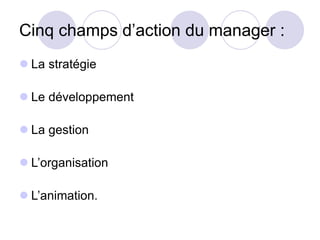 Cinq champs d’action du manager :
 La stratégie
 Le développement
 La gestion
 L’organisation
 L’animation.
 