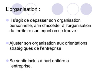 L’organisation :
Il s’agit de dépasser son organisation
personnelle, afin d’accéder à l’organisation
du territoire sur lequel on se trouve :
Ajuster son organisation aux orientations
stratégiques de l’entreprise
Se sentir inclus à part entière a
l’entreprise.
 