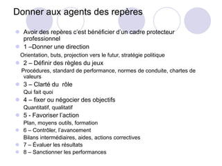 Donner aux agents des repères
 Avoir des repères c’est bénéficier d’un cadre protecteur
professionnel
 1 –Donner une direction
Orientation, buts, projection vers le futur, stratégie politique
 2 – Définir des règles du jeux
Procédures, standard de performance, normes de conduite, chartes de
valeurs
 3 – Clarté du rôle
Qui fait quoi
 4 – fixer ou négocier des objectifs
Quantitatif, qualitatif
 5 - Favoriser l’action
Plan, moyens outils, formation
 6 – Contrôler, l’avancement
Bilans intermédiaires, aides, actions correctives
 7 – Évaluer les résultats
 8 – Sanctionner les performances
 