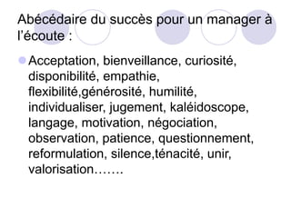 Abécédaire du succès pour un manager à
l’écoute :
Acceptation, bienveillance, curiosité,
disponibilité, empathie,
flexibilité,générosité, humilité,
individualiser, jugement, kaléidoscope,
langage, motivation, négociation,
observation, patience, questionnement,
reformulation, silence,ténacité, unir,
valorisation…….
 