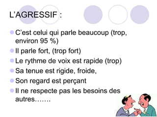 L’AGRESSIF :
C’est celui qui parle beaucoup (trop,
environ 95 %)
Il parle fort, (trop fort)
Le rythme de voix est rapide (trop)
Sa tenue est rigide, froide,
Son regard est perçant
Il ne respecte pas les besoins des
autres…….
 