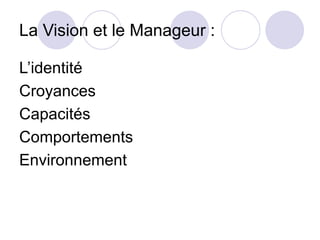 La Vision et le Manageur :
L’identité
Croyances
Capacités
Comportements
Environnement
 