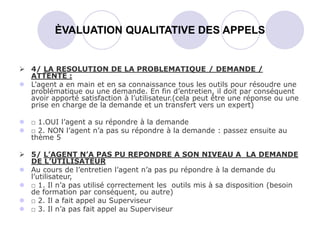  4/ LA RESOLUTION DE LA PROBLEMATIQUE / DEMANDE /
ATTENTE :
 L’agent a en main et en sa connaissance tous les outils pour résoudre une
problématique ou une demande. En fin d’entretien, il doit par conséquent
avoir apporté satisfaction à l’utilisateur.(cela peut être une réponse ou une
prise en charge de la demande et un transfert vers un expert)
 □ 1.OUI l’agent a su répondre à la demande
 □ 2. NON l’agent n’a pas su répondre à la demande : passez ensuite au
thème 5
 5/ L’AGENT N’A PAS PU REPONDRE A SON NIVEAU A LA DEMANDE
DE L’UTILISATEUR
 Au cours de l’entretien l’agent n’a pas pu répondre à la demande du
l’utilisateur,
 □ 1. Il n’a pas utilisé correctement les outils mis à sa disposition (besoin
de formation par conséquent, ou autre)
 □ 2. Il a fait appel au Superviseur
 □ 3. Il n’a pas fait appel au Superviseur
ÈVALUATION QUALITATIVE DES APPELS
 