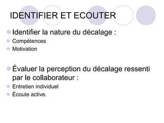 IDENTIFIER ET ECOUTER
Identifier la nature du décalage :
 Compétences
 Motivation
Évaluer la perception du décalage ressenti
par le collaborateur :
 Entretien individuel
 Écoute active.
 