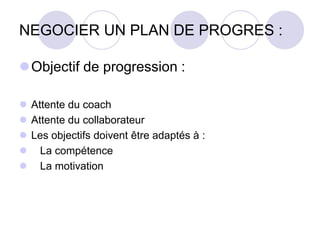 NEGOCIER UN PLAN DE PROGRES :
Objectif de progression :
 Attente du coach
 Attente du collaborateur
 Les objectifs doivent être adaptés à :
 La compétence
 La motivation
 