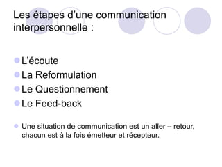 Les étapes d’une communication
interpersonnelle :
L’écoute
La Reformulation
Le Questionnement
Le Feed-back
 Une situation de communication est un aller – retour,
chacun est à la fois émetteur et récepteur.
 