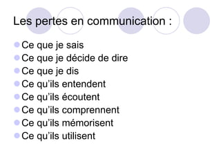 Les pertes en communication :
Ce que je sais
Ce que je décide de dire
Ce que je dis
Ce qu’ils entendent
Ce qu’ils écoutent
Ce qu’ils comprennent
Ce qu’ils mémorisent
Ce qu’ils utilisent
 