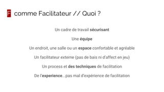 F comme Facilitateur // Quoi ?
Un cadre de travail sécurisant
Une équipe
Un endroit, une salle ou un espace confortable et agréable
Un facilitateur externe (pas de bais ni d’affect en jeu)
Un process et des techniques de facilitation
De l’experience...pas mal d’expérience de facilitation
 
