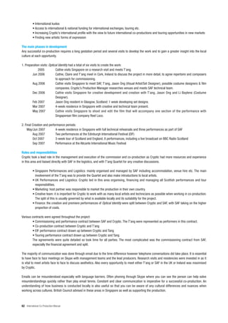 • International kudos
          • Access to international & national funding for international exchanges, touring etc.
          • Increasing Cryptic’s international profile with the view to future international co-productions and touring opportunities in new markets
          • Finding new artistic forms of expression

The main phases in development
Any successful co-production requires a long gestation period and several visits to develop the work and to gain a greater insight into the local
culture at each opportunity.

1. Preparation visits: Optical Identity had a total of six visits to create the work:
             2005           Cathie visits Singapore on a research visit and meets T’ang.
        Jun 2006            Cathie, Claire and T’ang meet in Cork, Ireland to discuss the project in more detail, to agree repertoire and composers
                            to approach for commissioning.
        Aug 2006            Cathie visits Singapore to meet SAF, T’ang, Jason Ong (Visual Artist/Set Designer), possible costume designers & film
                            companies. Cryptic’s Production Manager researches venues and meets SAF technical team.
        Dec 2006            Cathie visits Singapore for creative development and creation with T’ang, Jason Ong and Li Baylene (Costume
                            Designer).
        Feb 2007            Jason Ong resident in Glasgow, Scotland: 1 week developing set designs.
        Mar 2007            4-week residence in Singapore with creative and technical team present.
        May 2007            Cathie visits Singapore to shoot and edit the film that will accompany one section of the performance with
                            Singaporean film company Reel Loco.

2. Final Creation and performance periods:
    May/Jun 2007           4-week residence in Singapore with full technical rehearsals and three performances as part of SAF
         Aug 2007          Two performances at the Edinburgh International Festival (EIF)
         Oct 2007          3-week tour of Scotland and England, 8 performances, including a live broadcast on BBC Radio Scotland
         Sep 2007          Performance at the Alicante International Music Festival

Roles and responsibilities
Cryptic took a lead role in the management and execution of the commission and co-production as Cryptic had more resources and experience
in this area and liaised directly with SAF in the logistics, and with T’ang Quartet for any creative discussions.

          • Singapore Performances and Logistics: mainly organised and managed by SAF including accommodation, venue hire etc. The main
            involvement of the T’ang was to provide the Quartet and also make introductions to local artists.
          • UK Performances and Logistics: Cryptic led in this area organising, financing and managing all Scottish performances and tour
            responsibilities.
          • Marketing: host partner was responsible to market the production in their own country.
          • Creative team: it is important for Cryptic to work with as many local artists and technicians as possible when working in co-production.
            The split of this is usually governed by what is available locally and its suitability for the project.
          • Finance: the creation and premiere performances of Optical Identity were split between Cryptic and SAF, with SAF taking on the higher
            proportion of costs.

Various contracts were agreed throughout the project:
        • Commissioning and performance contract between SAF and Cryptic. The T’ang were represented as performers in this contract.
        • Co-production contract between Cryptic and T’ang
        • EIF performance contract drawn up between Cryptic and Tang
        • Touring performance contract drawn up between Cryptic and Tang
        The agreements were quite detailed so took time for all parties. The most complicated was the commissioning contract from SAF,
        especially the financial agreement and split.

The majority of communication was done through email due to the time difference however telephone conversations did take place. It is essential
to have face to face meetings on Skype with management teams and the lead producers. Research visits and residencies were invested in as it
is vital to meet artists face to face to discuss aesthetics. Also every opportunity to meet either T’ang or SAF in the UK or Ireland was maximised
by Cryptic.

Emails can be misunderstood especially with language barriers. Often phoning through Skype where you can see the person can help solve
misunderstandings quickly rather than play email tennis. Constant and clear communication is imperative for a successful co-production. An
understanding of how business is conducted locally is also useful so that you can be aware of any cultural differences and nuances when
working across cultures. British Council advised in these areas in Singapore as well as supporting the production.



62 International Co-Production Manual
 