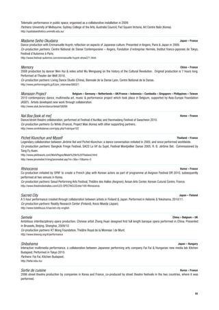 Telematic performance in public space, organised as a collaborative installation in 2009.
Partners: University of Melbourne, Sydney College of the Arts, Australia Council, Fed Square Victoria, Art Centre Nabi (Korea).
http://spatialaesthetics.unimelb.edu.au/


Madame Seiho Okudaira                                                                                                                  Japan – France
Dance production with Emmanuelle Huynh, reflection on aspects of Japanese culture. Presented in Angers, Paris & Japan in 2009.
Co-production partners: Centre National de Danse Contemporaine – Angers, Fondation d’entreprise Hermès, Institut franco-japonais de Tokyo,
Festival d’Automne à Paris.
http://www.festival-automne.com/emmanuelle-huynh-show271.html


Memory                                                                                                                                  China – France
2008 production by dancer Wen Hui & video artist Wu Wenguang on the history of the Cultural Revolution. Original production is 7 hours long.
Performed at Theater der Welt 2010.
Co-production partners: Living Dance Studio (China), Biennale de la Danse Lyon, Centre National de la Danse.
http://www.performingarts.jp/E/pre_interview/0803/1


Monsoon Project                                 Belgium – Germany – Netherlands – UK/France – Indonesia – Cambodia – Singapore – Philippines – Taiwan
2010 contemporary dance, multimedia art, music & performance project which took place in Belgium, supported by Asia-Europe Foundation
(ASEF). Artists developed new work through collaboration.
http://www.stuk.be/en/dance/detail/58099


Nal Boa [look at me]                                                                                                                    Korea – France
Dance/street theatre collaboration, performed at Festival d’Aurillac and Hanmadang Festival of Gwacheon 2010.
Co-production partners: Ex Nihilo (France), Project Wae (Korea) with other supporting partners.
http://www.exnihilodanse.com/spip.php?rubrique102


Pichet Klunchun and Myself                                                                                                           Thailand – France
Legendary collaboration between Jérôme Bel and Pichet Klunchun: a dance conversation initiated in 2005, and since performed worldwide.
Co-production partners: Bangkok Fringe Festival, SACD Le Vif du Sujet, Festival Montpellier Danse 2005, R. B. Jérôme Bel. Commissioned by
Tang Fu Kuen.
http://www.pklifework.com/WorkPages/Made%20In%20Thailand.html
http://www.jeromebel.fr/eng/jeromebel.asp?m=3&s=10&sms=5


Rhinoceros                                                                                                                              Korea – France
Co-production initiated by SPAF to create a French play with Korean actors as part of programme at Avignon Festival Off 2010, subsequently
performed at two venues in Korea.
Co-production partners: Seoul Performing Arts Festival, Théâtre des Halles (Avignon), Ansan Arts Center, Korean Cutural Centre, France.
http://www.theatredeshalles.com/LES-SPECTACLES/ete/100-Rhinoceros


Sacred City                                                                                                                            Japan – Finland
A 5 hour performance created through collaboration between artists in Finland & Japan. Performed in Helsinki & Yokohama, 2010/11.
Co-production partners: Reality Research Center (Finland), Keizo Maeda (Japan).
http://www.todellisuus.fi/sacred-city-english


Semele                                                                                                                            China – Belgium – UK
Ambitious interdisciplinary opera production; Chinese artist Zhang Huan designed first full length baroque opera performed in China. Presented
in Brussels, Beijing, Shanghai, 2009/10.
Co-production partners: KT Wong Foundation, Théâtre Royal de la Monnaie | de Munt.
http://www.ktwong.org/#/performance


Shibahama                                                                                                                             Japan – Hungary
Interactive multimedia performance, a collaboration between Japanese performing arts company Fai Fai & Hungarian new media lab Kitchen
Budapest. Performed in Tokyo 2010.
Partners: Fai Fai, Kitchen Budapest.
http://faifai.kibu.hu/


Sortie de cuisine                                                                                                                       Korea – France
2006 street theatre production by companies in Korea and France, co-produced by street theatre festivals in the two countries, where it was
performed.



                                                                                                                                                    81
 