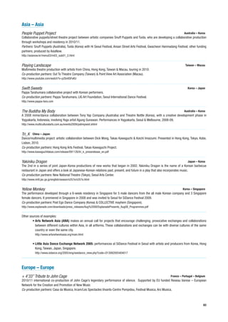 Asia – Asia
People Puppet Project                                                                                                          Australia – Korea
Collaborative puppets/street theatre project between artistic companies Snuff Puppets and Tuida, who are developing a collaborative production
through workshops and residency in 2010/11.
Partners: Snuff Puppets (Australia), Tuida (Korea) with Hi Seoul Festival, Ansan Street Arts Festival, Gwacheon Hanmadang Festival; other funding
partners; produced by AsiaNow.
http://asianow.kr/menu03/m03_sub01_2.html


Playing Landscape                                                                                                               Taiwan – Macau
Multimedia theatre production with artists from China, Hong Kong, Taiwan & Macau, touring in 2010.
Co-production partners: Out To Theatre Company (Taiwan) & Point View Art Association (Macau).
http://www.youtube.com/watch?v=pZbnitSFsKU


Swift Sweets                                                                                                                      Korea – Japan
Pappa Tarahumara collaborative project with Korean performers.
Co-production partners: Pappa Tarahumara, LIG Art Foundation, Seoul International Dance Festival.
http://www.pappa-tara.com


The Buddha My Body                                                                                                             Australia – Korea
A 2008 mime/dance collaboration between Tony Yap Company (Australia) and Theatre Nottle (Korea), with a creative development phase in
Yogyakarta, Indonesia, involving Yoga artist Agung Gunawan. Performances in Yogyakarta, Seoul & Melbourne, 2008-09.
http://www.multiculturalarts.com.au/events2009/palimpsest.shtml


Tri_K    China – Japan
Dance/multimedia project: artistic collaboration between Dick Wong, Takao Kawaguchi & Koichi Imaizumi. Presented in Hong Kong, Tokyo, Kobe,
Lisbon, 2010.
Co-production partners: Hong Kong Arts Festival, Takao Kawaguchi Project.
http://www.kawaguchitakao.com/release/091126/tri_k_pressrelease_en.pdf


Yakiniku Dragon                                                                                                                   Japan – Korea
The 2nd in a series of joint Japan-Korea productions of new works that began in 2002. Yakiniku Dragon is the name of a Korean barbecue
restaurant in Japan and offers a look at Japanese-Korean relations past, present, and future in a play that also incorporates music.
Co-production partners: New National Theatre (Tokyo), Seoul Arts Center.
http://www.nntt.jac.go.jp/english/season/s357e/s357e.html


Yellow Monkey                                                                                                                 Korea – Singapore
The performance developed through a 6-week residency in Singapore for 5 male dancers from the all male Korean company and 3 Singapore
female dancers. It premiered in Singapore in 2008 and was invited to Seoul for SiDance Festival 2009.
Co-production partners: Post Ego Dance Company (Korea) & COLLECTIVE mayhem (Singapore).
http://www.esplanade.com/downloads/press_releases/Aug%2008/EsplanadePresents_Aug08_Programmes.pdf


Other sources of examples:
        • Arts Network Asia (ANA) makes an annual call for projects that encourage challenging, provocative exchanges and collaborations
          between different cultures within Asia, in all artforms. These collaborations and exchanges can be with diverse cultures of the same
          country or even the same city.
           http://www.artsnetworkasia.org/main.html


         • Little Asia Dance Exchange Network 2005: performances at SiDance Festival in Seoul with artists and producers from Korea, Hong
           Kong, Taiwan, Japan, Singapore.
           http://www.sidance.org/2005/eng/seedance_view.php?code=D13082005404017



Europe – Europe
+ 4’33” Tribute to John Cage                                                                                         France – Portugal – Belgium
2010/11 international co-production of John Cage’s legendary performance of silence. Supported by EU funded Reseau Varese – European
Network for the Creation and Promotion of New Music
Co-production partners: Casa da Musica, Ircam/Les Spectacles Vivants-Centre Pompidou, Festival Musica, Ars Musica.



                                                                                                                                              83
 