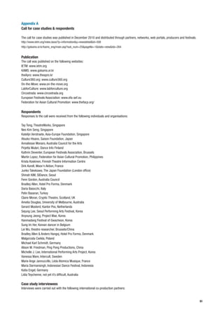 Appendix A
Call for case studies & respondents

The call for case studies was published in December 2010 and distributed through partners, networks, web portals, producers and festivals.
http://www.ietm.org/index.lasso?p=information&q=newsdetail&id=508
http://gokams.or.kr/kams_eng/main.asp?sub_num=25&pageNo=1&state=view&idx=264


Publication
The call was published on the following websites:
IETM: www.ietm.org
KAMS: www.gokams.or.kr
theApro: www.theapro.kr
Culture360.org: www.culture360.org
On-the-Move: www.on-the-move.org
LabforCulture: www.labforculture.org
Circostrada: www.circostrada.org
European Festivals Association: www.efa-aef.eu
Federation for Asian Cultural Promotion: www.thefacp.org/

Respondents
Responses to the call were received from the following individuals and organisations:

Tay Tong, TheatreWorks, Singapore
Neo Kim Seng, Singapore
Katelijn Verstraete, Asia-Europe Foundation, Singapore
Atsuko Hisano, Saison Foundation, Japan
Annaliesse Monaro, Australia Council for the Arts
Pirjetta Mulari, Dance Info Finland
Kathrin Deventer, European Festivals Association, Brussels
Martin Lopez, Federation for Asian Cultural Promotion, Philippines
Krista Koskinen, Finnish Theatre Information Centre
Dirk Korell, Moov’n Aktion, France
Junko Takekawa, The Japan Foundation (London office)
Shinah KIM, SIDance, Seoul
Fenn Gordon, Australia Council
Bradley Allen, Hotel Pro Forma, Denmark
Daria Baiocchi, Italy
Pelin Basaran, Turkey
Claire Moran, Cryptic Theatre, Scotland, UK
Amelia Douglas, University of Melbourne, Australia
Gerard Mosterd, Kantor Pos, Netherlands
Sejung Lee, Seoul Performing Arts Festival, Korea
Anyoung Jeong, Project Wae, Korea
Hanmadang Festival of Gwacheon, Korea
Sung Im Her, Korean dancer in Belgium
Lei Wu, theatre researcher, Brussels/China
Bradley Allen & Anders Hangoj, Hotel Pro Forma, Denmark
Malgorzata Cwikla, Poland
Michael Karl Schmidt, Germany
Alison M. Friedman, Ping Pong Productions, China
Michelle J. Lee, International Performing Arts Project, Korea
Vanessa Ware, Intercult, Sweden
Marie Ange Jannuccillo, Léda Atomica Musique, France
Maria Darmansingh, Indonesian Dance Festival, Indonesia
Katia Engel, Germany
Lidia Teychenne, not yet it’s difficult, Australia

Case study interviewees
Interviews were carried out with the following international co-production partners:


                                                                                                                                             91
 