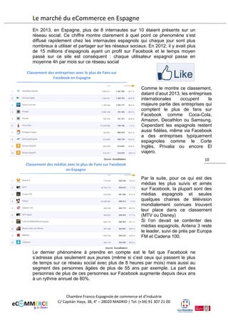 Le marché du eCommerce en Espagne
peu plus de terrain vis à vis de Facebook ou Twitter.
Tuenti se dirige plus aujourd’hui vers un public plus
jeune. Facebook et de par ce fait le numéro un des
sites mobile.
En 2013, en Espagne, plus de 8 internautes sur 10
étaient présents sur un réseau social. Ce chiffre montre
clairement à quel point ce phenomène s’est diffusé
rapidement chez les internautes espagnols qui chaque
jour sont plus nombreux à utiliser et partager sur les
réseaux sociaux. En 2012, il y avait plus de 15 millions d’espagnols ayant un
profil sur Facebook et le temps moyen passé sur ce site est conséquent :
chaque utilisateur espagnol passe en moyenne 4h par mois sur ce réseau
social.
Classement des entreprises avec le plus de Fans sur
Facebook en Espagne

Comme le montre ce classement,
datant d’août 2013, les entreprises
internationales
occupent
la
majeure partie des entreprises qui
comptent le plus de fans sur
Facebook comme Coca-Cola,
10
Amazon, Decathlon ou Samsung.
Cependant les espagnols restent
aussi fidèles, même via Facebook
à des entreprises typiquement
espagnoles comme le Corte
Inglés, Privalia ou encore El
Viajero.
Source: SocialBakers

Classement des médias avec le plus de Fans sur Facebook
en Espagne

Par la suite, pour ce qui est des
médias les plus suivis et aimés
sur Facebook, la plupart sont des
médias espagnols et seules
quelques chaines de télévision
mondialement connues trouvent
leur place dans ce classement
(MTV ou Disney). Antena 3 reste
le leader, suivi de près par Europa
FM et Cadena 100.

Source: SocialBakers

Chambre Franco-Espagnole de commerce et d’Industrie
C/ Capitán Haya, 38, 4° – 28020 MADRID | Tel: (+34) 91 307 21 00

 