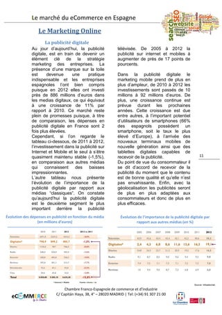 Le marché du eCommerce en Espagne
Le dernier phénomène à prendre en compte est le fait que Facebook ne
s’adresse plus seulement aux jeunes (même si c’est ceux qui passent le plus
de temps sur ce réseau social avec plus de 8 heures par mois) mais aussi au
segment des personnes âgées de plus de 55 ans par exemple. La part de ces
personnes sur Facebook augmente depuis deux ans à un rythme annuel de
80%.

Le Marketing Online
La publicité digitale
Au jour d’aujourd’hui, la publicité
digitale, est en train de devenir un
élément clé de la stratégie
marketing des entreprises. La
présence d’une marque sur la toile
est
devenue
une
pratique
indispensable et les entreprises
espagnoles l’ont bien compris
puisque en 2012 elles ont investi
près de 886 millions d’euros dans
les medias digitaux, ce qui équivaut
à une croissance de 11% par
rapport à 2010. Ce marché reste
plein de promesses puisque, à titre
de comparaison, les dépenses en
publicité digitale en France sont 2
fois plus élevées.
Cependant, si l’on regarde le
tableau ci-dessous, de 2011 à 2012,
l’investissement dans la publicité sur
Internet et Mobile et le seul à s’être
quasiment maintenu stable (-1,5%),
en comparaison aux autres médias
qui
connaissent
des
baisses
impressionnantes.
L’autre tableau nous présente
l’évolution de l’importance de la
publicité digitale par rapport aux
médias “classiques”. On constate
qu’aujourd’hui la publicité digitale
est le deuxième segment le plus
important derrière la publicité

télévisée.
De 2005 à 2012 la publicité sur
internet et mobiles a augmenté de
près de 17 points de pourcents.
Dans la publicité digitale le
marketing mobile prend de plus en
plus d’ampleur, de 2010 à 2012 les
investissements sont passés de 10
millions à 92 millions d’euros. De
plus, une croissance continue est
prévue durant les prochaines
années. Cette croissance est due
entre autres, à l’important potentiel
d’utilisateurs de smartphones (66%
des espagnols possèdent un
smartphone, soit le taux le plus
élevé d’Europe), à l’arrivée des
nouveaux terminaux mobiles de
nouvelle génération ainsi que des
tablettes digitales capables de
recevoir de la publicité.
Du point de vue du consommateur il
se dit d’accord de recevoir de la
publicité du moment que le contenu
est de bonne qualité et qu’elle n’est
pas envahissante. Enfin, avec la
géolocalisation les publicités seront
de plus en plus adaptées aux
consommateurs et donc de plus en
plus efficaces.

Chambre Franco-Espagnole de commerce et d’Industrie
C/ Capitán Haya, 38, 4° – 28020 MADRID | Tel: (+34) 91 307 21 00

11

 