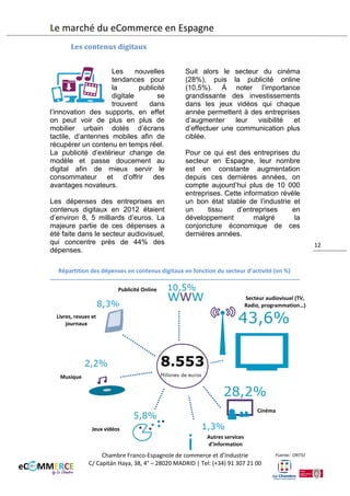 Le marché du eCommerce en Espagne
Évolution des dépenses en publicité en fonction du média
(en millions d’euros)

Évolution de l’importance de la publicité digitale par
rapport aux autres médias (en %)

Source: Infoadex/iab

Les contenus digitaux
Les
nouvelles
tendances pour
la
publicité
digitale
se
trouvent
dans
l’innovation des supports, en effet
on peut voir de plus en plus de
mobilier urbain doté d’écrans tactile,
d’antennes
mobiles
afin
de
récupérer un contenu en temps réel.
La publicité d’extérieur change de
modèle et passe doucement au
digital afin de mieux servir le
consommateur et d’offrir des
avantages novateurs.
Les dépenses des entreprises en
contenus digitaux en 2012 étaient
d’environ 8, 5 milliards d’euros. La
majeure partie de ces dépenses a
été faite dans le secteur audiovisuel,
qui concentre près de 44% des
dépenses.

Suit alors le secteur du cinéma
(28%), puis la publicité online
(10,5%). Á noter l’importance
grandissante des investissements
dans les jeux vidéos qui chaque
année permettent à des entreprises
d’augmenter
leur
visibilité
et
d’effectuer une communication plus
ciblée.
Pour ce qui est des entreprises du
secteur en Espagne, leur nombre
est en constante augmentation
depuis ces dernières années, on
compte aujourd’hui plus de 10 000
entreprises. Cette information révèle
un bon état stable de l’industrie et
un
tissu
d’entreprises
en
développement
malgré
la
conjoncture économique de ces
dernières années.

Chambre Franco-Espagnole de commerce et d’Industrie
C/ Capitán Haya, 38, 4° – 28020 MADRID | Tel: (+34) 91 307 21 00

12

 