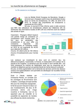 Le marché du eCommerce en Espagne
Les clients espagnols espèrent
obtenir, grâce au cloud computing
une meilleure productivité en
réduisant certains de leurs coûts.
Enfin,
cette
croissance
exceptionnelle pourrait donner à

l’Europe et donc à l’Espagne un
stimulus de longue durée.
La sécurité et la localisation des
données restent les préoccupations
premières de certains.

Pénétration du cloud computing en Espagne (en%)

Pas prévu

Déjà utilisé

L’an prochain

Encore plus tard
Source: Penteo

Les différents usages du cloud computing (en %)
Collaboration
Email
Relation client
Ressources humaines
Gestion des contenus online
Bureautique
Autres usages

La plupart des entreprises utilisant à
l’heure actuelle le cloud-computing,
s’en servent pour ce qui est des
emails et des collaborations. Viennent
ensuite la relation client, les
ressources humaines et enfin la
gestion des contenus online. Le cloud
computing a donc des usages de plus
en plus différents et variés.

Source: Penteo

Le M-commerce en Espagne
Lors du Mobile World Congress de Barcelone, Google a
annoncé que L’Espagne avait le taux de pénétration le plus
élevé en terme de smartphones. En effet, de 2010 à fin 2012, le
nombre des propriétaires de smartphone a augmenté de 33% à
66%.
De plus, le journal El Pais informe suite à cette annonce que
88% des utilisateurs de smartphones utilisent leur téléphone
afin de rechercher des informations locales et 86% afin de s’informer avant de
réaliser des achats en ligne.
Cependant, l’Espagne détient toujours de grande marge de croissance en
comparaison avec d’autres pays. Ce fort taux de pénétration des smartphones
a eu pour effet une croissance fulgurante des investissements en marketing
mobile,
en
2012
ils
ont
augmenté
de
44,9%
pour atteindre 92 millions d’euros. On attend près de 150 millions d’euros
d’investissements pour l’année 2013.

Chambre Franco-Espagnole de commerce et d’Industrie
C/ Capitán Haya, 38, 4° – 28020 MADRID | Tel: (+34) 91 307 21 00

14

 
