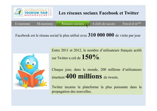 Réseaux sociauxRéseaux sociauxE-tourismeE-tourisme 4 clefs de succès4 clefs de succès Travel d’orTMTravel d’orTMM-tourismeM-tourisme
Les réseaux sociaux Facebook et Twitter
Facebook est le réseau social le plus utilisé avec 310 000 000 de visite par jour
Entre 2011 et 2012, le nombre d’utilisateurs français actifs
150%sur Twitter a crû de 150%.
Chaque jour, dans le monde, 200 millions d’utilisateurs
émettent 400 millions de tweets.
Twitter incarne la plateforme la plus puissante dans la
propagation des nouvelles.
 