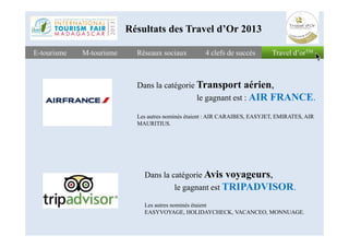 Travel d’orTMTravel d’orTME-tourismeE-tourisme Réseaux sociauxRéseaux sociaux 4 clefs de succès4 clefs de succès
Résultats des Travel d’Or 2013
M-tourismeM-tourisme
Dans la catégorie Transport aérien,
le gagnant est : AIR FRANCE.
Les autres nominés étaient : AIR CARAIBES, EASYJET, EMIRATES, AIR
MAURITIUS.MAURITIUS.
Dans la catégorie Avis voyageurs,
le gagnant est TRIPADVISOR.
Les autres nominés étaient
EASYVOYAGE, HOLIDAYCHECK, VACANCEO, MONNUAGE.
 