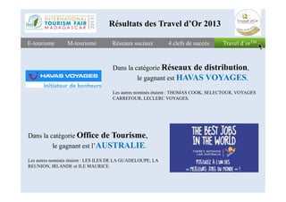 Travel d’orTMTravel d’orTME-tourismeE-tourisme Réseaux sociauxRéseaux sociaux 4 clefs de succès4 clefs de succèsM-tourismeM-tourisme
Dans la catégorie Réseaux de distribution,
le gagnant est HAVAS VOYAGES.
Les autres nominés étaient : THOMAS COOK, SELECTOUR, VOYAGES
CARREFOUR, LECLERC VOYAGES.
Résultats des Travel d’Or 2013
Dans la catégorie Office de Tourisme,
le gagnant est l’AUSTRALIE.
Les autres nominés étaient : LES ILES DE LA GUADELOUPE, LA
REUNION, IRLANDE et ILE MAURICE.
 