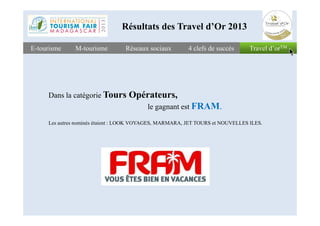 Travel d’orTMTravel d’orTME-tourismeE-tourisme Réseaux sociauxRéseaux sociaux 4 clefs de succès4 clefs de succèsM-tourismeM-tourisme
Dans la catégorie Tours Opérateurs,
le gagnant est FRAM.
Résultats des Travel d’Or 2013
Les autres nominés étaient : LOOK VOYAGES, MARMARA, JET TOURS et NOUVELLES ILES.
 